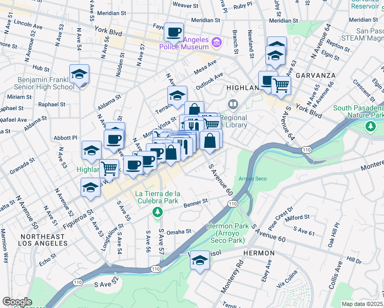 map of restaurants, bars, coffee shops, grocery stores, and more near 5938 1/2 North Figueroa Street in Los Angeles