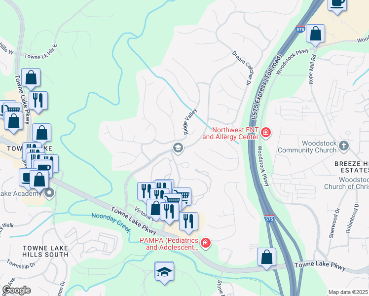map of restaurants, bars, coffee shops, grocery stores, and more near Running Deer Parkway in Woodstock