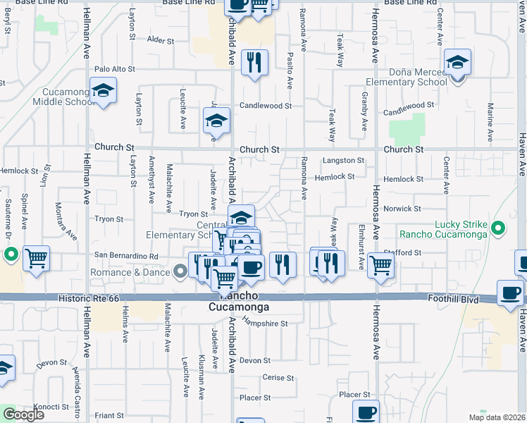 map of restaurants, bars, coffee shops, grocery stores, and more near 7864 Portola Road in Rancho Cucamonga