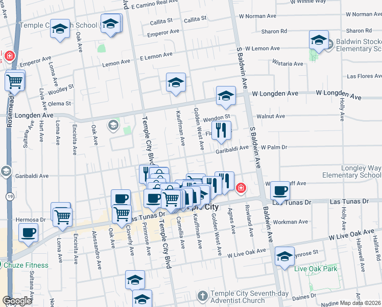 map of restaurants, bars, coffee shops, grocery stores, and more near 9711 Garibaldi Avenue in Temple City