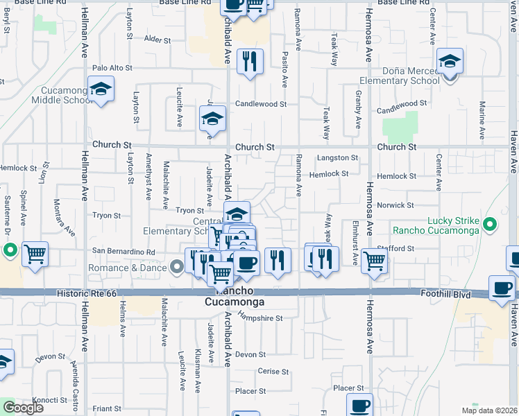 map of restaurants, bars, coffee shops, grocery stores, and more near 7864 Portola Road in Rancho Cucamonga