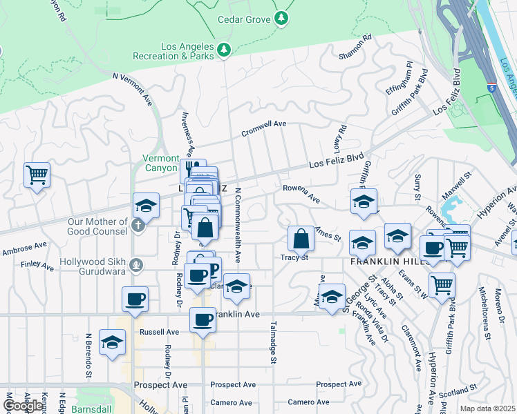 map of restaurants, bars, coffee shops, grocery stores, and more near 4320 Cedarhurst Circle in Los Angeles
