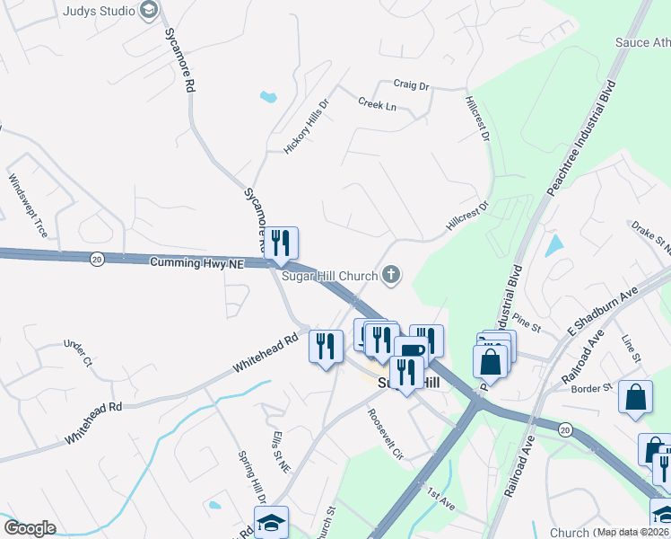 map of restaurants, bars, coffee shops, grocery stores, and more near 5171 Nelson Brogdon Boulevard Northeast in Sugar Hill