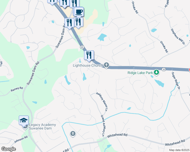 map of restaurants, bars, coffee shops, grocery stores, and more near 345 Varenna Lane Northeast in Sugar Hill