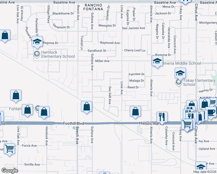 map of restaurants, bars, coffee shops, grocery stores, and more near 7868 Sea Salt Avenue in Fontana
