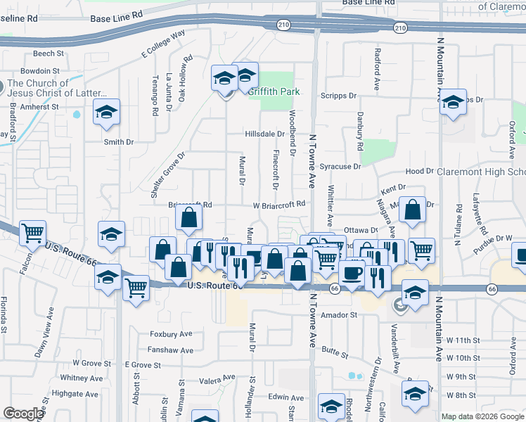 map of restaurants, bars, coffee shops, grocery stores, and more near 1192 Briarcroft Road in Claremont