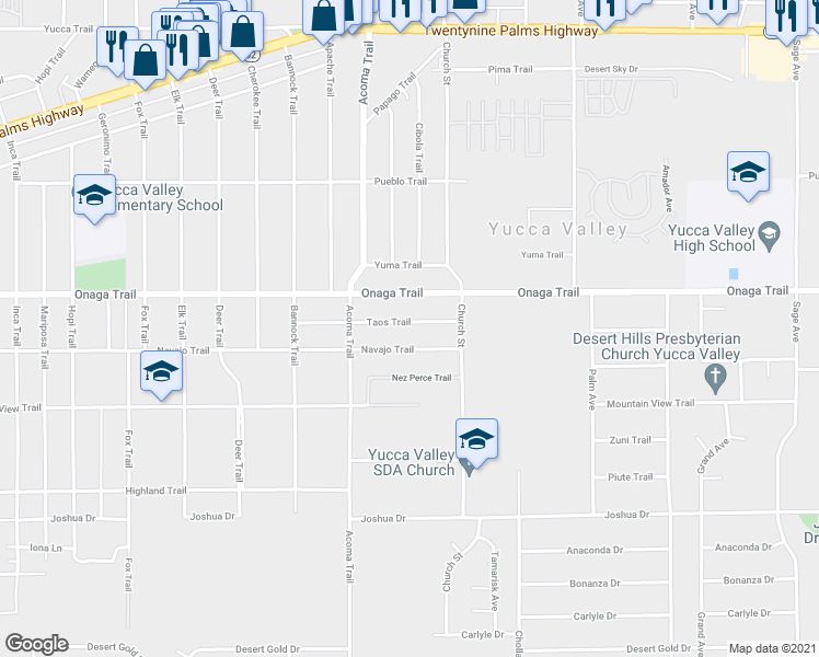 map of restaurants, bars, coffee shops, grocery stores, and more near 56205 Taos Trail in Yucca Valley