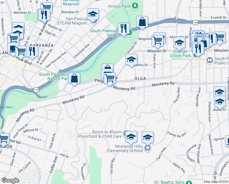 map of restaurants, bars, coffee shops, grocery stores, and more near 317 Monterey Road in South Pasadena