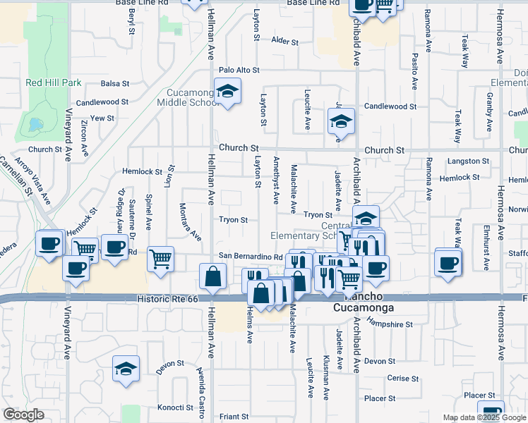 map of restaurants, bars, coffee shops, grocery stores, and more near 7850 Amethyst Avenue in Rancho Cucamonga