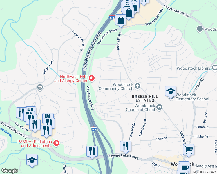 map of restaurants, bars, coffee shops, grocery stores, and more near 313 Cardinal Drive in Woodstock