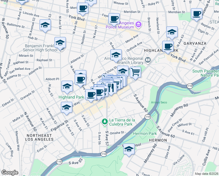 map of restaurants, bars, coffee shops, grocery stores, and more near 5816 Marmion Way in Los Angeles
