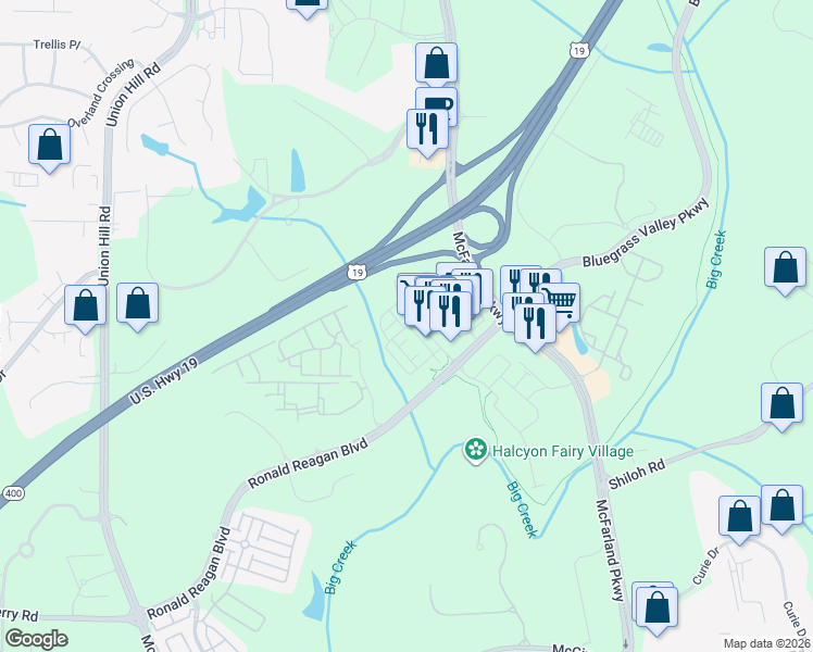 map of restaurants, bars, coffee shops, grocery stores, and more near 6650 Halcyon Way in Alpharetta