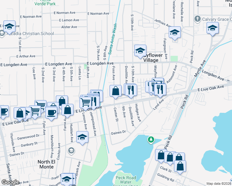 map of restaurants, bars, coffee shops, grocery stores, and more near 2938 Foss Avenue in Arcadia