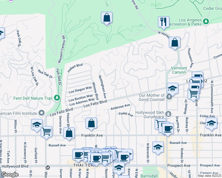 map of restaurants, bars, coffee shops, grocery stores, and more near 2324 Nottingham Avenue in Los Angeles