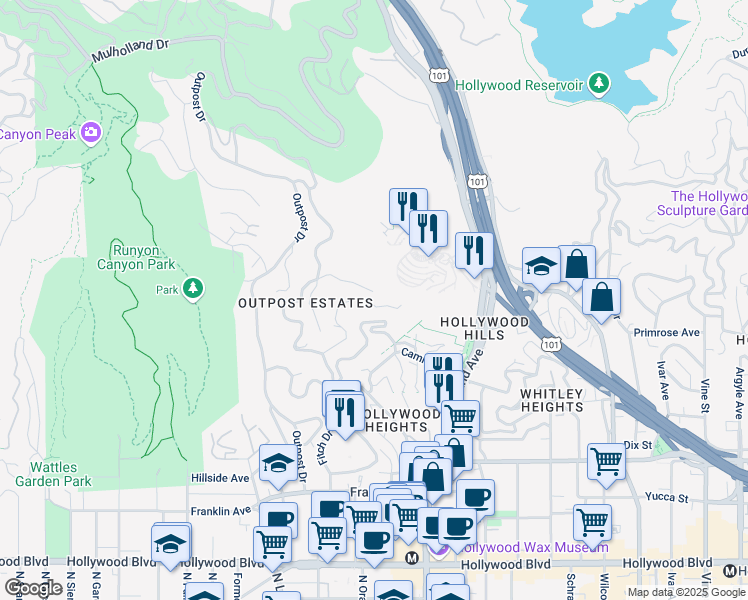 map of restaurants, bars, coffee shops, grocery stores, and more near 6909 Oporto Drive in Los Angeles