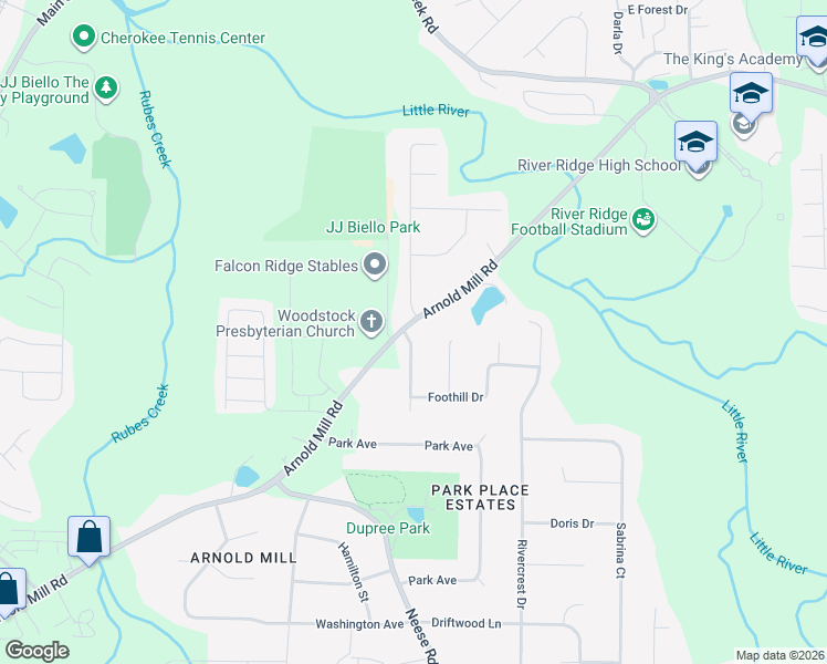 map of restaurants, bars, coffee shops, grocery stores, and more near 101 Little River Drive in Woodstock