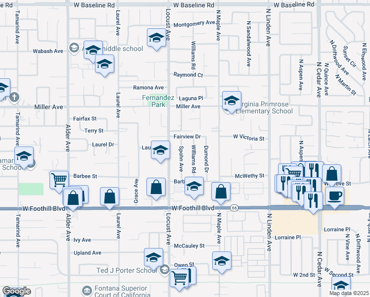 map of restaurants, bars, coffee shops, grocery stores, and more near 7830 Williams Road in Fontana