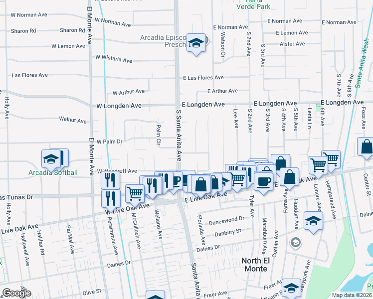 map of restaurants, bars, coffee shops, grocery stores, and more near 11 East Rodell Place in Arcadia