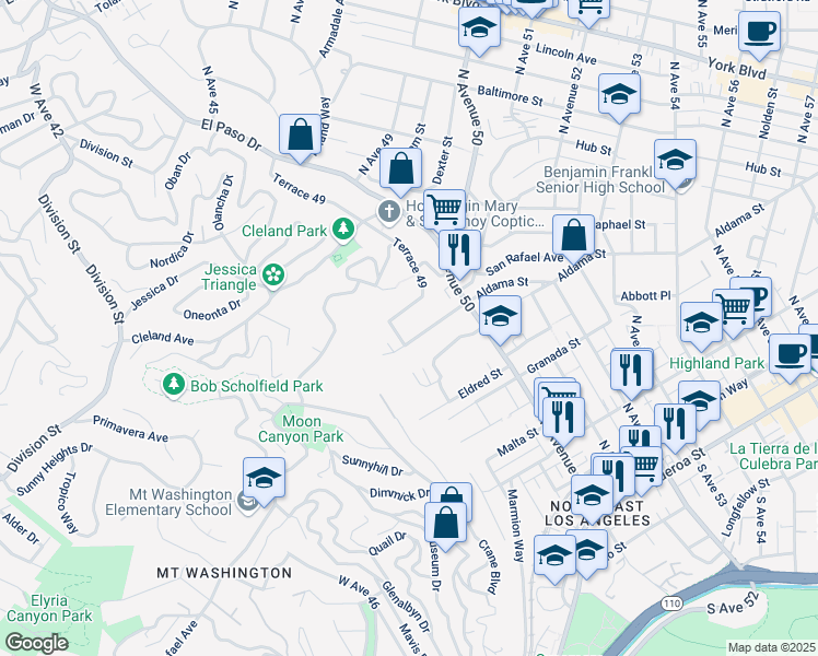 map of restaurants, bars, coffee shops, grocery stores, and more near 4911 Aldama Street in Los Angeles