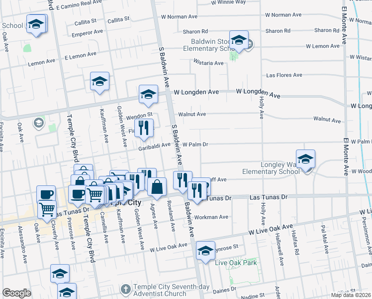 map of restaurants, bars, coffee shops, grocery stores, and more near 628 West Palm Drive in Arcadia