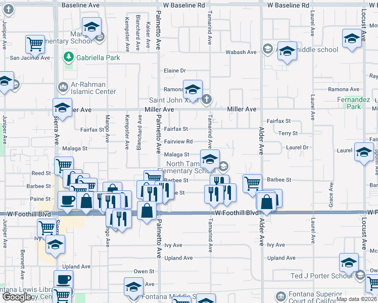 map of restaurants, bars, coffee shops, grocery stores, and more near 17416 Malaga Street in Fontana
