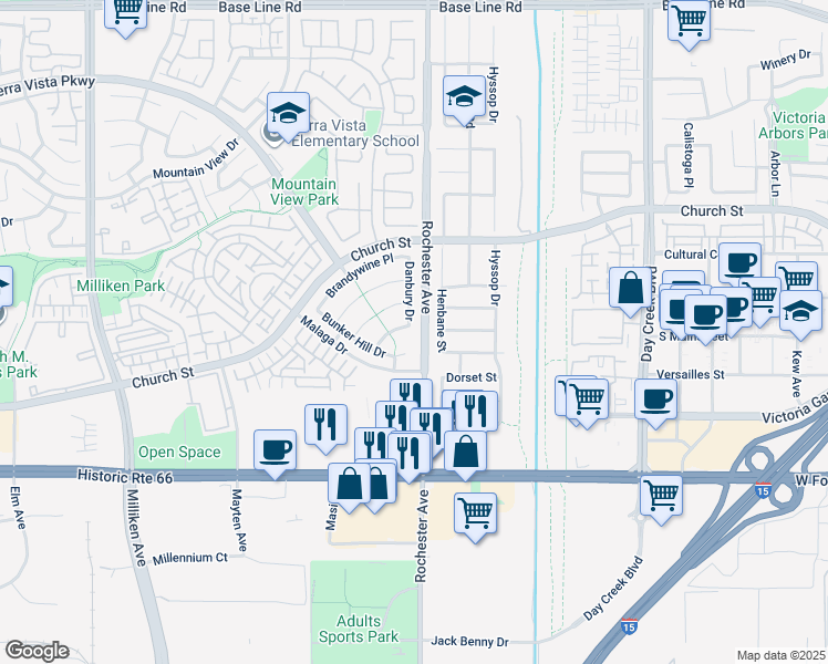 map of restaurants, bars, coffee shops, grocery stores, and more near 11875 Cedarbrook Place in Rancho Cucamonga