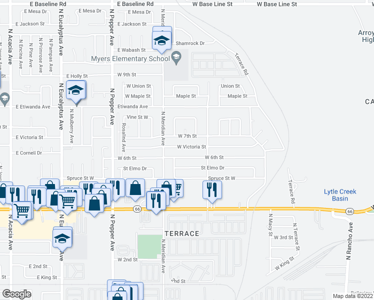 map of restaurants, bars, coffee shops, grocery stores, and more near 2597 Victoria Street in San Bernardino