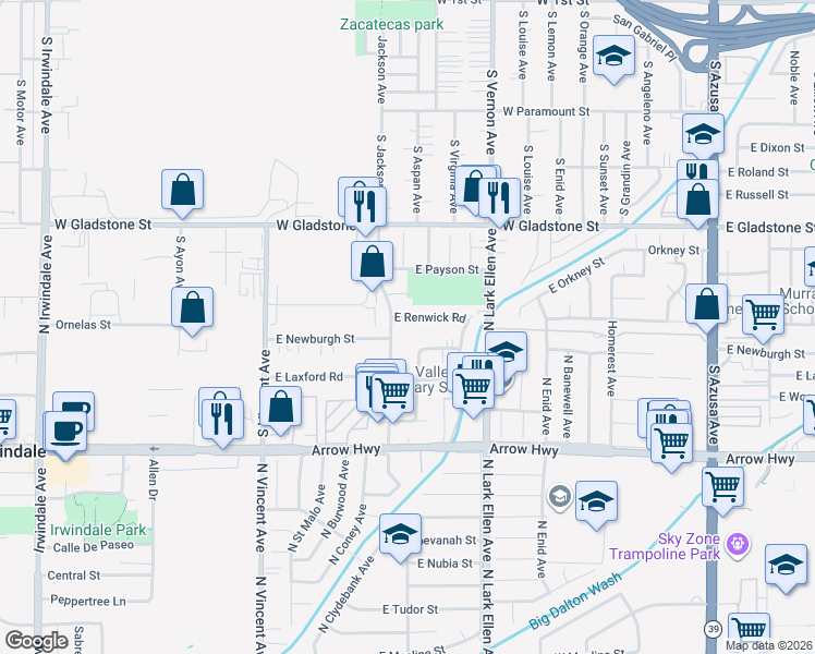 map of restaurants, bars, coffee shops, grocery stores, and more near 16719 East Renwick Road in Azusa