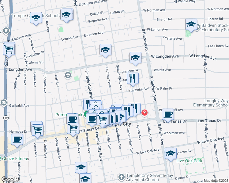 map of restaurants, bars, coffee shops, grocery stores, and more near 6127 Kauffman Avenue in Temple City