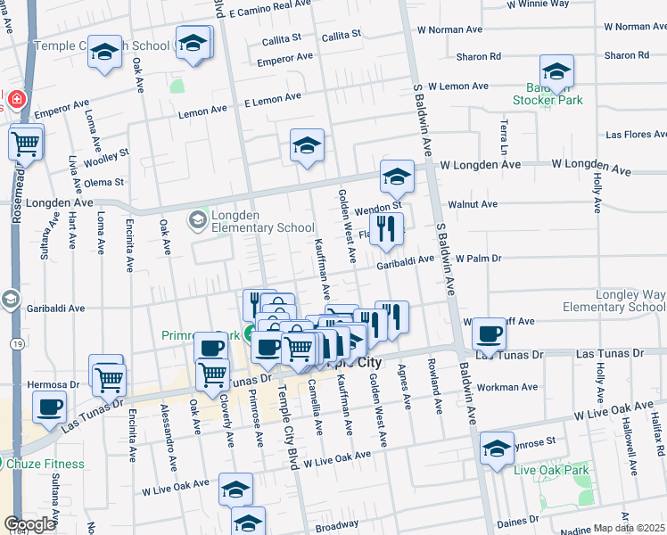 map of restaurants, bars, coffee shops, grocery stores, and more near 9711 Garibaldi Avenue in Temple City