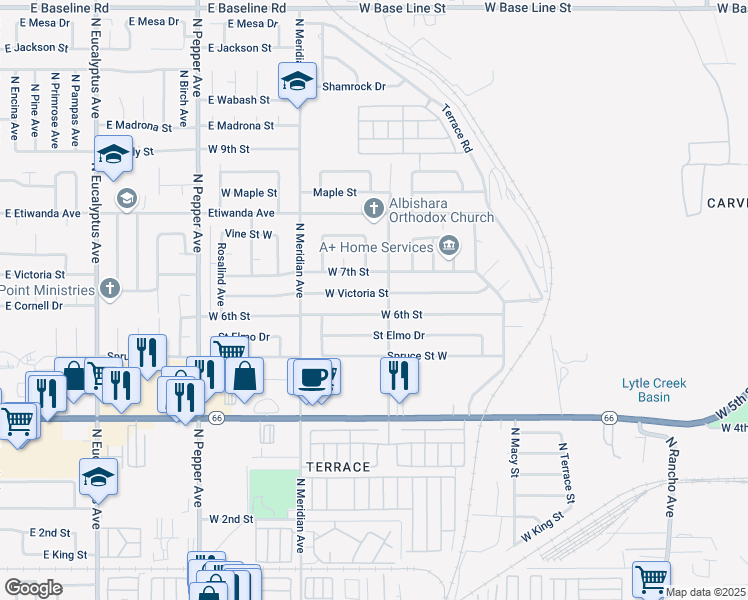 map of restaurants, bars, coffee shops, grocery stores, and more near 654 North Dallas Avenue in San Bernardino