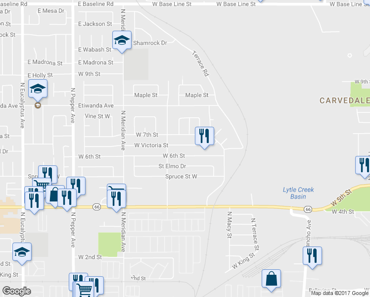 map of restaurants, bars, coffee shops, grocery stores, and more near 2447 West Victoria Street in San Bernardino