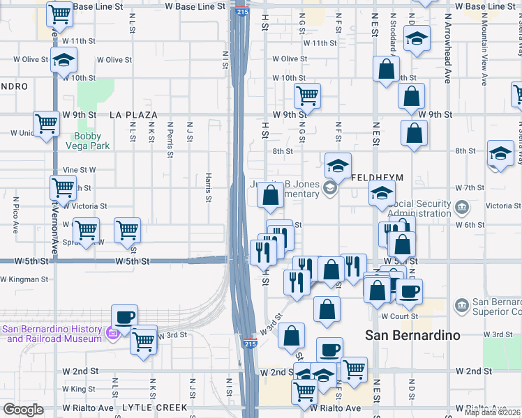 map of restaurants, bars, coffee shops, grocery stores, and more near 824 West Victoria Street in San Bernardino