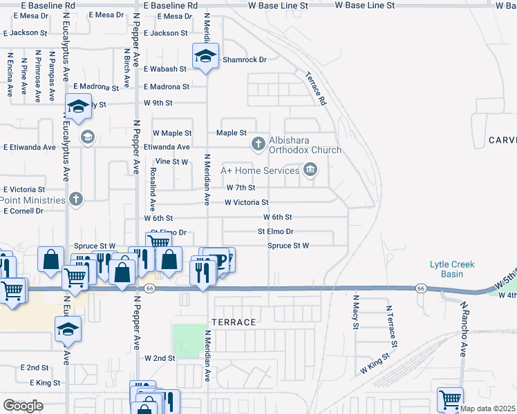 map of restaurants, bars, coffee shops, grocery stores, and more near 654 North Dallas Avenue in San Bernardino