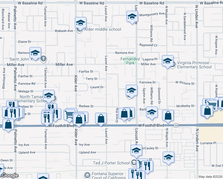 map of restaurants, bars, coffee shops, grocery stores, and more near 7832 Laurel Avenue in Fontana