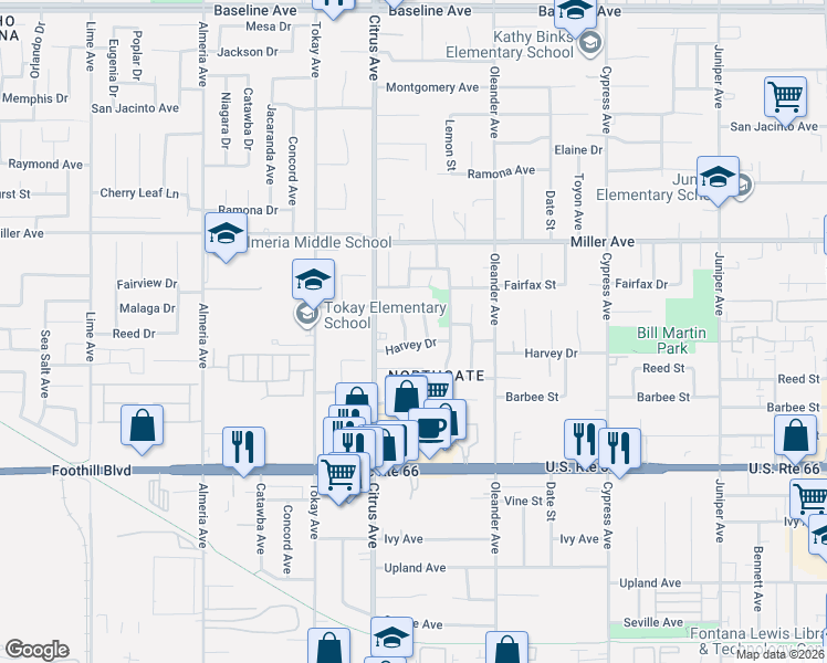 map of restaurants, bars, coffee shops, grocery stores, and more near 7854 Lemon Street in Fontana