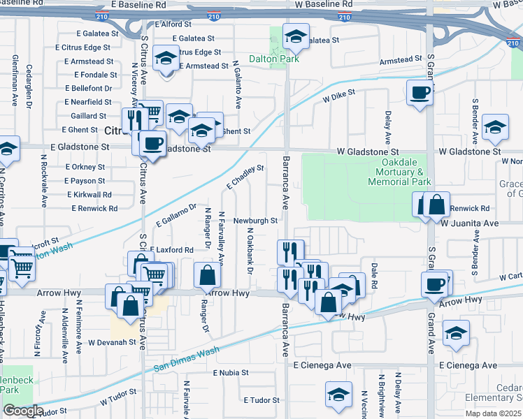 map of restaurants, bars, coffee shops, grocery stores, and more near 5434 North Oakbank Drive in Covina