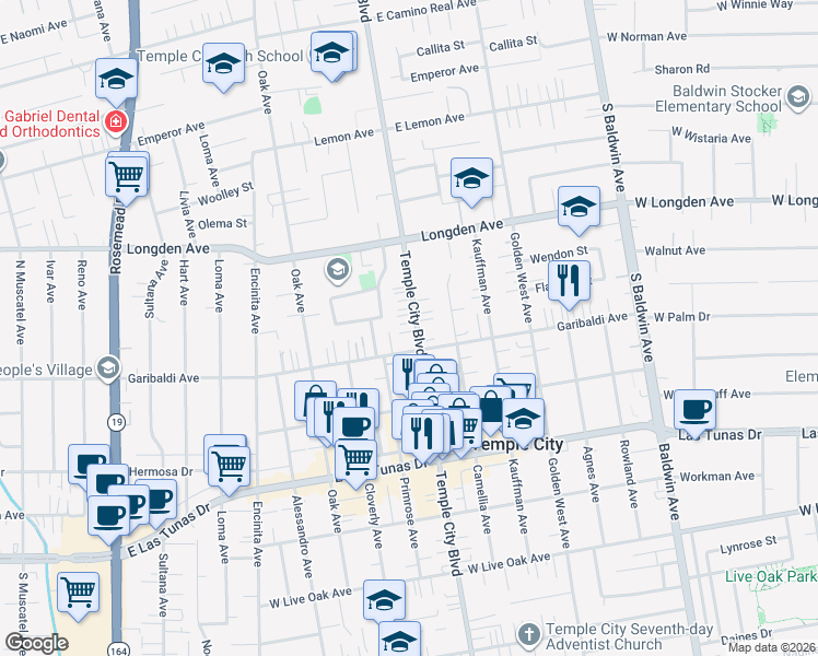 map of restaurants, bars, coffee shops, grocery stores, and more near 6143 Temple City Boulevard in Temple City