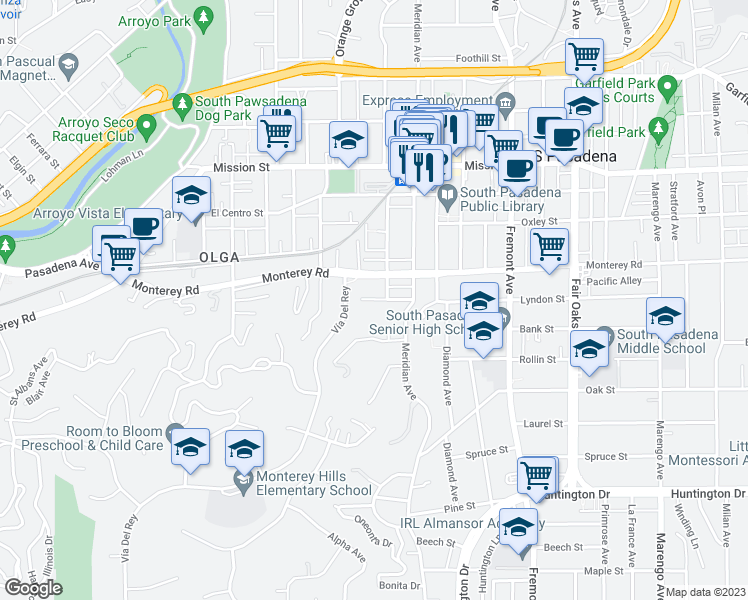 map of restaurants, bars, coffee shops, grocery stores, and more near 845 Monterey Road in South Pasadena