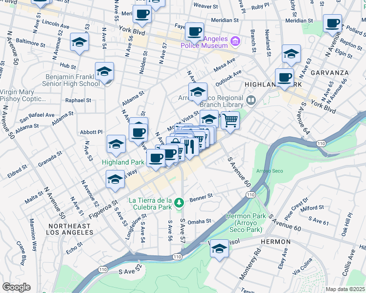 map of restaurants, bars, coffee shops, grocery stores, and more near 5816 Piedmont Avenue in Los Angeles