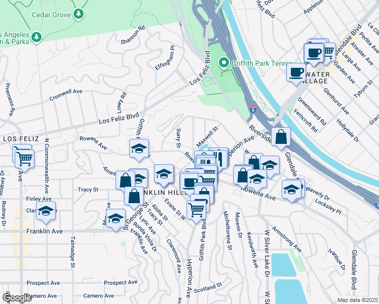 map of restaurants, bars, coffee shops, grocery stores, and more near 3173 Rowena Avenue in Los Angeles