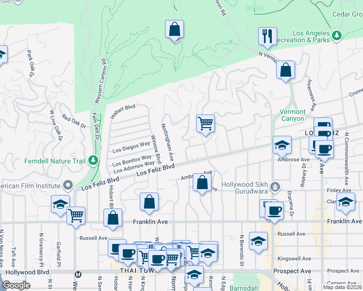 map of restaurants, bars, coffee shops, grocery stores, and more near 2324 Nottingham Avenue in Los Angeles