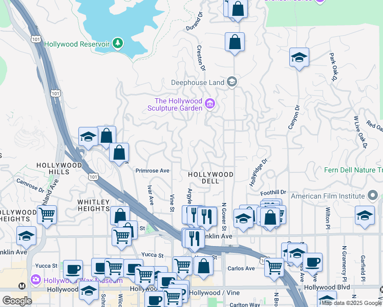map of restaurants, bars, coffee shops, grocery stores, and more near 6190 Temple Hill Drive in Los Angeles