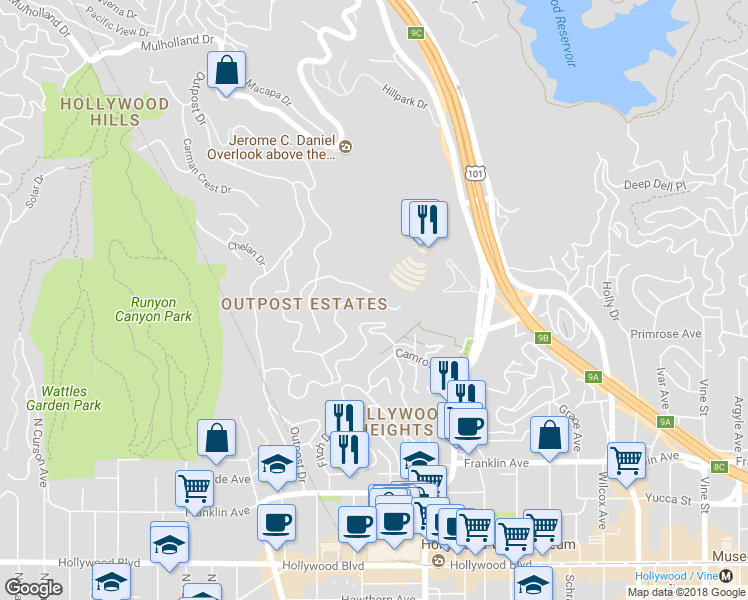 map of restaurants, bars, coffee shops, grocery stores, and more near 6909 Oporto Drive in Los Angeles