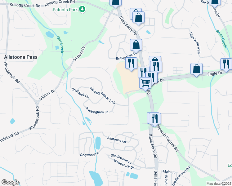 map of restaurants, bars, coffee shops, grocery stores, and more near 1662 Eagle Drive in Woodstock
