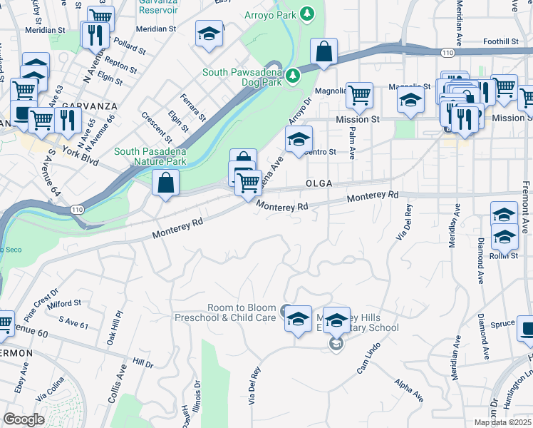 map of restaurants, bars, coffee shops, grocery stores, and more near 325 Monterey Road in South Pasadena