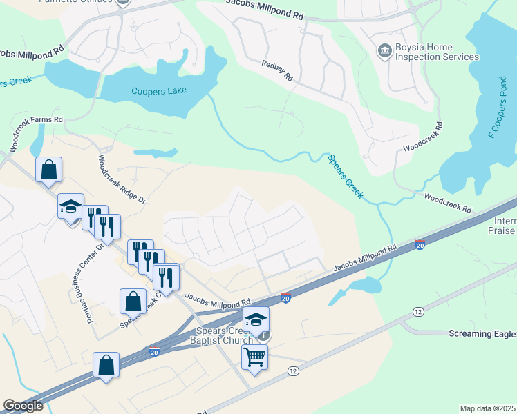 map of restaurants, bars, coffee shops, grocery stores, and more near 751 Spears Creek Ch Road in Elgin