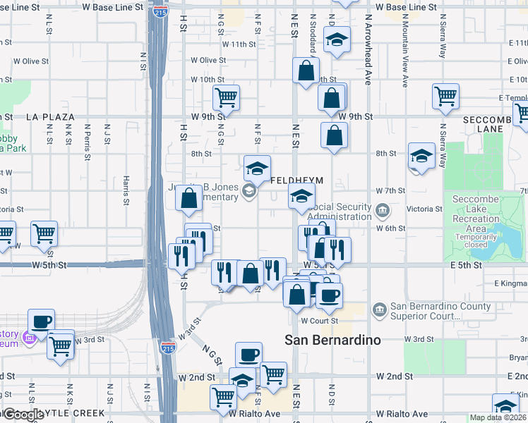 map of restaurants, bars, coffee shops, grocery stores, and more near in San Bernardino