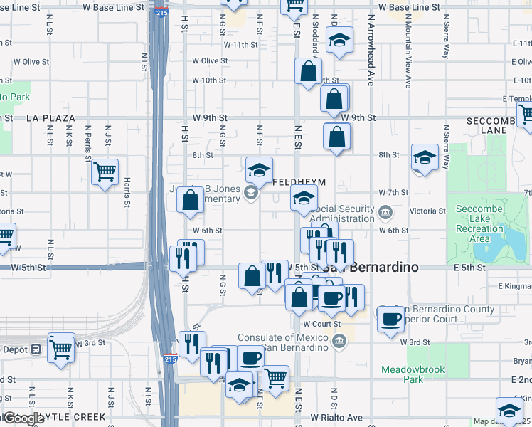 map of restaurants, bars, coffee shops, grocery stores, and more near in San Bernardino
