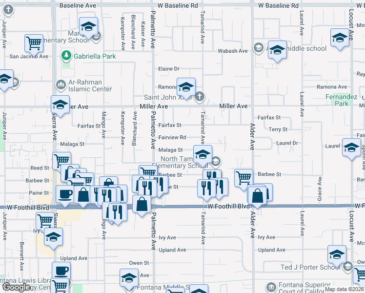 map of restaurants, bars, coffee shops, grocery stores, and more near 17416 Malaga Street in Fontana